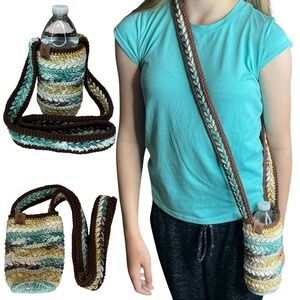 Handmade Multicolor Crochet Water Bottle Holder Bag Wheat Stitch Boho Crossbody